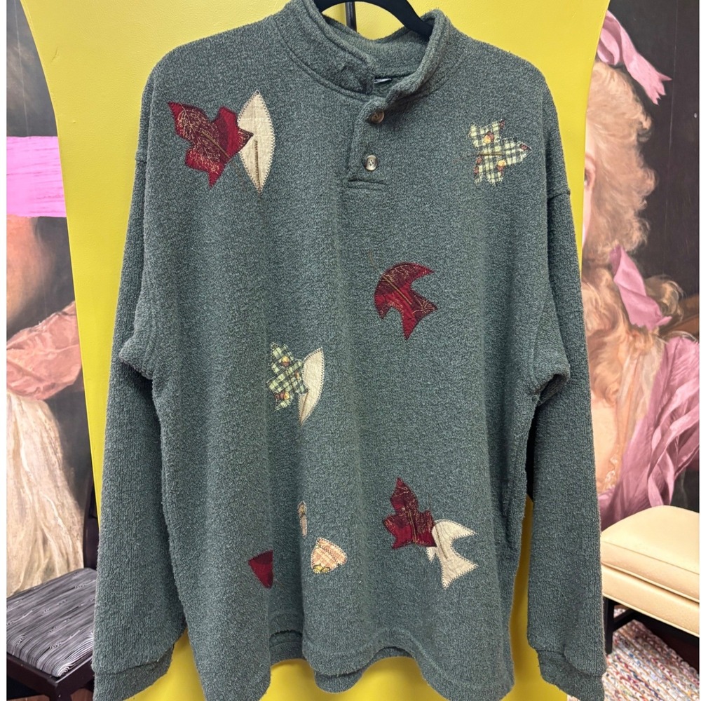 Vintage Fall Cottage Pullover Green Henley Leaf Patchwork Fleece 2X